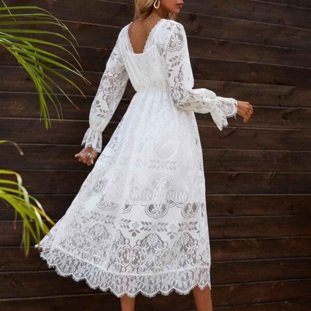 Boho Beauty All over Lace Flounce Sleeve maxi Dress - Picture 9 of 16